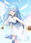  1girl :d angel bell bell_earrings bellringer_angel blue_eyes blue_hair blue_shoes blue_sky blush dress earrings feathers glint handbell highres jewelry long_hair looking_at_viewer open_mouth outdoors shadowverse shoes sky smile solo sora_(kari) standing standing_on_one_leg white_dress white_feathers wings 