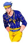  1boy belt blue_eyes blue_hair collarbone cowboy_shot earrings hands_in_pockets headband highres jewelry jojo_no_kimyou_na_bouken kishibe_rohan leaning_forward male_focus necklace pendant solo star tariah_furlow 