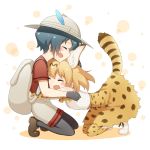  2girls animal_ears animal_print backpack bag black_hair black_legwear blonde_hair blush bow bowtie bucket_hat cross-laced_clothes dokka_no_kuni_no_kokuou elbow_gloves extra_ears eyebrows_visible_through_hair gloves hat hat_feather high-waist_skirt hug kaban kemono_friends multiple_girls open_mouth pantyhose pantyhose_under_shorts red_shirt serval_(kemono_friends) serval_ears serval_print serval_tail shirt shoes short_hair shorts skirt sleeveless sleeveless_shirt smile tail thigh-highs wavy_hair 