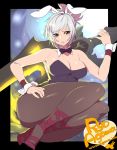  1girl agawa_ryou alternate_costume animal_ears bare_shoulders battle_bunny_riven breasts brown_eyes cleavage cuff_links league_of_legends pantyhose rabbit_ears riven_(league_of_legends) short_hair smile solo white_hair 