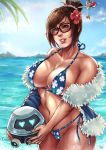  1girl alternate_costume bangs bikini black-framed_eyewear breasts brown_eyes brown_hair cleavage collarbone day floral_print flower glasses groin hair_bun hair_flower hair_ornament hair_stick holding huge_breasts kachima large_breasts looking_at_viewer mei_(overwatch) midriff navel outdoors overwatch smile snowball_(overwatch) solo swept_bangs swimsuit wet 