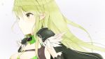  1girl bangs black_gloves breasts cloak closed_mouth elbow_gloves elsword eyebrows_visible_through_hair from_side gloves green_hair grey_background hair_between_eyes long_hair looking_to_the_side medium_breasts pauldrons petals pointy_ears rena_(elsword) sagoshi simple_background solo upper_body yellow_eyes 