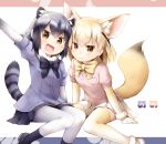  2girls absurdres animal_ears blonde_hair blush bow bowtie brown_eyes closed_mouth collared_shirt fang fennec_(kemono_friends) fox_ears fox_tail full_body fur_collar gloves grey_hair half-closed_eyes highres japari_symbol kemono_friends looking_at_viewer multicolored_hair multiple_girls open_mouth pantyhose pleated_skirt puffy_short_sleeves puffy_sleeves raccoon_(kemono_friends) raccoon_ears raccoon_tail satou_saya shirt short_hair short_sleeves simple_background sitting skirt smile sweater_vest tail thigh-highs two-tone_hair waving white_background 
