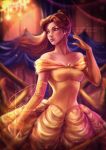  1girl alexandra_mae beauty_and_the_beast belle_(disney) blurry breasts brown_eyes brown_hair cleavage collarbone depth_of_field disney dress earrings elbow_gloves gloves jewelry lips looking_to_the_side medium_breasts neck signature solo sparkle watermark web_address yellow_dress yellow_gloves 