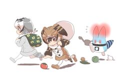  2girls blush brown_eyes brown_hair coat eurasian_eagle_owl_(kemono_friends) fleeing flying_sweatdrops fur_collar furoshiki ganbachi grey_hair head_wings japari_symbol kemono_friends lettuce long_sleeves lucky_beast_(kemono_friends) multicolored_hair multiple_girls northern_white-faced_owl_(kemono_friends) potato sack shadow simple_background spring_onion tail theft watering_can white_background white_hair yellow_eyes 