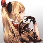  1girl armor black_gloves blonde_hair bow elbow_pads eyebrows_visible_through_hair finger_to_mouth frills from_behind gloves gradient gradient_background granblue_fantasy grin long_hair looking_back matsunaga_garana parted_lips pauldrons ponytail profile red_bow shoulder_pads sideways_mouth smile solo upper_body vira 