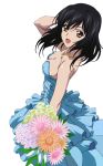  1girl :d black_hair blue_dress bouquet breasts brown_eyes cleavage collarbone dress floating_hair flower from_side green_flower hand_in_hair himeragi_yukina holding holding_bouquet jewelry looking_at_viewer medium_breasts necklace open_mouth orange_flower pink_flower shiny shiny_skin sleeveless sleeveless_dress smile solo standing strapless strapless_dress strike_the_blood transparent_background 
