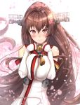  1girl bare_shoulders breast_squeeze breasts brown_hair highres kantai_collection large_breasts long_hair looking_at_viewer ponytail raised_eyebrows red_eyes smile solo untsue very_long_hair yamato_(kantai_collection) 