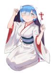  1girl adjusting_clothes alternate_costume blue_eyes blue_hair breasts bride commentary crying crying_with_eyes_open eyes_visible_through_hair hair_ornament hair_over_one_eye highres hood japanese_clothes kimono light_smile looking_at_viewer medium_breasts obi re:zero_kara_hajimeru_isekai_seikatsu rem_(re:zero) revision ryuuno6 sash seiza short_hair sitting smile solo star star-shaped_pupils symbol-shaped_pupils tears uchikake white_clothes white_legwear wide_sleeves x_hair_ornament 