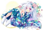  1girl fan floral_print flower hair_flower hair_ornament hands_together japanese_clothes kimono long_hair looking_at_viewer nonno official_art open_mouth signature socks solo tokinon violet_eyes white_hair white_legwear x-overd 