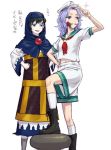  2girls anchor_symbol aqua_eyes black_boots black_hair blue_eyes blue_hair boots commentary_request cosplay costume_switch flower grey_legwear hands_on_hips hat hood hood_up kesa kumoi_ichirin meitei midriff_peek mouth_hold multiple_girls murasa_minamitsu neckerchief open_mouth puffy_short_sleeves puffy_sleeves red_flower red_neckerchief red_rose rose sailor sailor_hat salute shirt short_sleeves shorts simple_background smile sparkle sweatdrop touhou translation_request two-finger_salute white_background white_hat white_legwear white_shirt white_shorts wide_sleeves 
