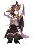  1girl ahoge armpits arms_up blue_eyes boots breasts brown_hair brown_skirt cropped_legs detached_sleeves hairband headgear highres japanese_clothes kantai_collection kongou_(kantai_collection) large_breasts long_hair looking_to_the_side nontraditional_miko one_eye_closed pomon_illust ribbon-trimmed_sleeves ribbon_trim sitting skirt solo thigh-highs thigh_boots wide_sleeves 