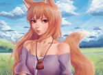  1girl animal_ears brown_hair clouds cloudy_sky field forest grass grasslands highres holo looking_at_viewer miura-n315 mountain nature red_eyes sky solo spice_and_wolf tail tree wolf_ears 