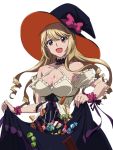  1girl :d aiba_asagi black_hat bow breasts brown_eyes brown_hair choker cleavage dress earrings hat jewelry long_hair looking_at_viewer medium_breasts open_mouth pink_bow shiny shiny_skin skirt_hold smile solo standing strike_the_blood transparent_background witch_hat wrist_cuffs 