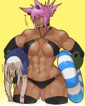  1boy 1girl abs absurdres animal_ears bikini breasts dantera_rina gloves gluteal_fold highres holding hutago innertube long_hair mechanical_arm muscle muscular_female navel open_mouth original pink_eyes pink_hair ponytail scar short_hair sidelocks sweatdrop swimsuit tail teeth text thigh-highs tongue translation_request wet white_hair wolf_ears wolf_tail 