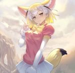  1girl animal_ears blonde_hair bow bowtie breast_pocket breasts brown_eyes clouds cloudy_sky fennec_(kemono_friends) fox_ears fox_tail gradient_hair kazto_furuya kemono_friends looking_at_viewer medium_breasts multicolored_hair outdoors pleated_skirt pocket puffy_short_sleeves puffy_sleeves short_hair short_sleeves skirt sky smile solo sweater_vest tail two-tone_hair white_skirt yellow_bow yellow_bowtie 