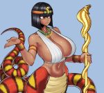  1girl armlet baseran_(maka_maka) black_hair bob_cut bottomless breasts closed_mouth commentary_request dark_skin egyptian expressionless fingernails highres huge_breasts jewelry lamia lips maka_maka monster_girl red_eyes scepter sharp_fingernails short_hair solo space_jin tail tiara uraeus 