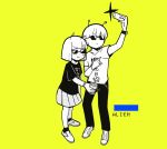  1boy 1girl andromedako andromedao antennae bangs black_shirt blunt_bangs full_body nayutan_sei_kara_no_butai pleated_skirt self_shot shirt short_hair skirt smile sunglasses t-shirt taking_picture tera white_shirt wristband yellow_background 