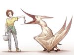  1girl animal_request brown_eyes brown_hair bucket character_request clothes_around_waist copyright_request fish highres ogry_ching pants ponytail pteranodon pterosaur shoes short_sleeves 