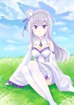  1girl bare_shoulders blush breasts cleavage emilia_(re:zero) flower grass hair_flower hair_ornament hair_ribbon long_hair medium_breasts purple_ribbon re:zero_kara_hajimeru_isekai_seikatsu real.black177 ribbon silver_hair sitting_on_ground smile solo thigh-highs violet_eyes white_legwear wide_sleeves 