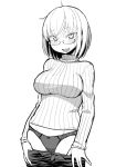  1girl bangs blush breasts denim eyebrows_visible_through_hair glasses greyscale heart heart-shaped_pupils jeans ken_(koala) looking_at_viewer medium_breasts monochrome open_mouth original panties pants short_hair simple_background smile solo sweater symbol-shaped_pupils turtleneck turtleneck_sweater underwear undressing white_background 