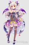  1girl artist_name bat_wings black_shoes breasts brown_legwear cleavage copyright_name demon_girl demon_horns detached_sleeves fairu-la-lira frills full_body hand_on_breast hinata_momo horns official_art red_eyes shoes solo standing thigh-highs white_hair wings x-overd 