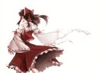  1girl back bare_shoulders bow brown_hair cowboy_shot detached_sleeves from_behind hair_bow hair_tubes hakurei_reimu long_hair nontraditional_miko nooca sarashi simple_background solo touhou white_background wide_sleeves wind 