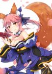  1girl akino_(1i1i1i1i) animal_ears blue_legwear bow breasts cleavage collarbone detached_sleeves fate/extra fate/extra_ccc fate/grand_order fate_(series) fox_ears fox_tail hair_bow hair_ribbon highres japanese_clothes large_breasts petals pink_hair ribbon simple_background solo tail tamamo_(fate)_(all) tamamo_no_mae_(fate) tongue tongue_out white_background yellow_eyes 