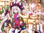  1girl :d bangs bare_shoulders blue_eyes blush boots breasts carousel covered_navel dress fate/grand_order fate_(series) gloves hat long_hair looking_at_viewer marie_antoinette_(fate/grand_order) open_mouth petals red_dress red_gloves rose_petals silver_hair sitting small_breasts smile solo thigh-highs thigh_boots twintails very_long_hair yuzushiro_(sei) 