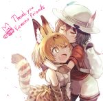  2girls animal_ears backpack bag bare_shoulders black_hair blonde_hair blush bow bowtie brown_eyes brown_hair bucket_hat closed_eyes cross-laced_clothes elbow_gloves english eyebrows_visible_through_hair fang gloves hat hat_feather high-waist_skirt hug kaban kemono_friends lucky_beast_(kemono_friends) multiple_girls one_eye_closed open_mouth pantyhose pantyhose_under_shorts red_shirt serval_(kemono_friends) serval_ears serval_print serval_tail shirt short_hair short_sleeves shorts skirt sleeveless sleeveless_shirt smile tail tearing_up tochibi wavy_hair 