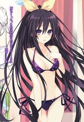  1girl bikini black_hair breasts cleavage collarbone cowboy_shot date_a_live eyebrows_visible_through_hair floating_hair groin hair_between_eyes hair_ribbon highres indoors long_hair looking_at_viewer medium_breasts novel_illustration official_art open_mouth purple_bikini ribbon side-tie_bikini solo standing swimsuit tsunako very_long_hair violet_eyes yatogami_tooka yellow_ribbon 