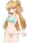  1girl aqua_bikini bikini blonde_hair cowboy_shot front-tie_top green_eyes idolmaster idolmaster_cinderella_girls jougasaki_rika long_hair looking_at_viewer navel scrunchie shunichi side-tie_bikini simple_background smile solo standing swimsuit twintails two_side_up untying white_background 