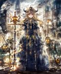  1girl armor army artist_request blonde_hair bracelet city clock clock_tower collar cracked_floor crown dress glowing glowing_eyes gold_trim horns house jewelry lamppost light_smile necropolis_queen official_art puffy_sleeves red_eyes shadowverse shield skeleton skull staff sword tower tree weapon 