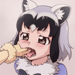  2girls animal_ears black_hair bow bowtie brown_eyes drooling eyebrows_visible_through_hair fangs fennec_(kemono_friends) finger_in_another&#039;s_mouth fur_collar fur_trim grey_hair kemono_friends multicolored_hair multiple_girls ogry_ching open_mouth raccoon_(kemono_friends) raccoon_ears saliva short_hair sweat tongue tongue_out white_hair 