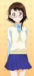  1girl arms_behind_back blue_necktie blue_skirt brown_eyes cowboy_shot glasses looking_at_viewer miniskirt necktie nisekoi onodera_kosaki pleated_skirt shirt short_hair_with_long_locks short_necktie sidelocks skirt smile solo standing sweater sweater_vest white_shirt yellow_sweater 