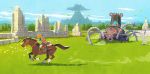  1boy architecture blonde_hair cityscape clouds grass guardian_(breath_of_the_wild) horse hyogonosuke landscape link mountain robot ruins saddle scenery shield the_legend_of_zelda the_legend_of_zelda:_breath_of_the_wild 