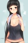  1girl absurdly_long_hair alternate_hair_length alternate_hairstyle bangs bare_arms bare_shoulders black_eyes black_hair black_panties blunt_bangs blush breasts kantai_collection large_breasts lips long_hair myoukou_(kantai_collection) panties parted_lips sakiryo_kanna shiny shiny_skin simple_background tank_top thighs towel towel_around_neck underwear very_long_hair 