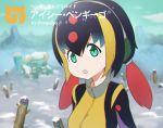  1girl :o bangs black_hair blonde_hair blurry character_name chill_penguin depth_of_field eyebrows_visible_through_hair green_eyes hair_between_eyes headphones japari_symbol kemono_friends long_hair looking_at_viewer mountain multicolored_hair onoderaonoderao open_mouth personification redhead robot rockman rockman_x snow solo twintails upper_body zipper 