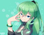  1girl aqua_eyes arm_up bangs black_jacket bracelet closed_mouth collarbone dated destiny_(game) english eyebrows_visible_through_hair from_side green_background green_eyes green_hair hair_between_eyes hair_ornament hand_on_own_face high_collar jacket jewelry kuroda_kuwa long_hair long_sleeves looking_at_viewer looking_to_the_side neon_trim original ponytail shiny shiny_hair signature simple_background smile solo upper_body warlock_(destiny) 