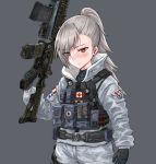  1girl belt buck_(rainbow_six_siege) camouflage canadian_flag closers cosplay crossover digital_camouflage eyebrows_visible_through_hair eyes_visible_through_hair frost_(rainbow_six_siege) gloves gun hair_over_one_eye highres jacket load_bearing_vest operator ponytail pouch rainbow_six_siege red_eyes silver_hair solo ssamjang_(misosan) tactical_clothes tina_(closers) trigger_discipline upper_body weapon weapon_request 