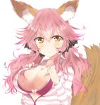  &gt;:t 1girl :t animal_ears blush breasts cleavage collarbone fate/extra fate/extra_ccc fate_(series) fox_ears fox_tail hand_on_own_chest haru_(nature_life) hood hoodie jewelry large_breasts looking_at_viewer necklace open_clothes open_shirt pink_hair shirt simple_background solo striped striped_hoodie tail tamamo_(fate)_(all) tamamo_no_mae_(fate) white_background yellow_eyes 
