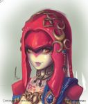  1girl fins fish_girl gorget hair_ornament highres justin_paul lips long_hair looking_at_viewer mipha monster_girl multicolored multicolored_skin no_eyebrows no_nose red_skin redhead solo the_legend_of_zelda the_legend_of_zelda:_breath_of_the_wild upper_body white_skin yellow_eyes zora 