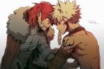  2boys alternate_costume back bakugou_katsuki bandage blonde_hair boku_no_hero_academia cape crying crying_with_eyes_open earrings fur_trim gradient gradient_background highres jewelry kirishima_eijirou male_focus mouth_hold multiple_boys muscle necklace red_cape red_eyes redhead sharp_teeth shirtless spiky_hair tears teeth upper_body xiao_(creation0528) 