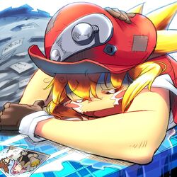  aero barrett_(rockman_dash) blonde_hair cabbie_hat crying gloves goggles goggles_on_head hat long_hair pink_hair rockman rockman_dash rockman_dash_3 rog_rockbe roll_caskett smile solo 