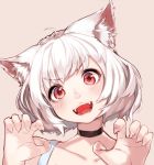 &gt;:3 &gt;:d 1girl :3 :d ahoge albino animal_ears bangs blush bob_cut brown_background cat_ears claw_pose collarbone fangs fingernails hoshi_usagi looking_at_viewer open_mouth original portrait red_eyes sharp_fingernails short_hair simple_background smile solo teeth upper_body white_hair 