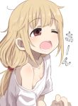 1girl bare_shoulders blonde_hair breasts cleavage futaba_anzu gazacy_(dai) highres idolmaster idolmaster_cinderella_girls long_hair off_shoulder one_eye_closed open_mouth red_eyes shirt simple_background small_breasts solo t-shirt white_background yawning 
