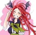  1girl :d ^_^ alternate_costume arm_at_side bat_wings blush bow closed_eyes collared_dress demon_girl dress floating_hair frilled_sleeves frills grin hand_up happy head_tilt head_wings high_collar koakuma long_hair open_mouth pontaqwe puffy_short_sleeves puffy_sleeves redhead short_sleeves smile solo touhou upper_body v wind wings 