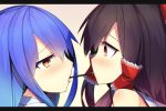  2girls blue_hair blush bow brown_hair eye_contact food from_side hair_bow hair_tubes hakurei_reimu hinanawi_tenshi ichiyan letterboxed long_hair looking_at_another multiple_girls no_hat no_headwear pocky pocky_kiss portrait profile red_eyes shared_food touhou yuri 