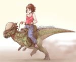  1girl bare_shoulders belt blue_pants breasts brown_eyes brown_hair cargo_pants cleavage dinosaur ogry_ching open_mouth pachycephalosaurus pants ponytail red_shirt reins riding riding_dinosaur saddle sandals shirt sleeveless tank_top 