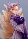  1girl blonde_hair blue_background blush breasts cowboy_shot dress fox_tail hair_over_one_eye hands_together hat looking_at_viewer nooca orange_eyes pillow_hat short_hair simple_background sketch smile solo tabard tail touhou wide_sleeves yakumo_ran 